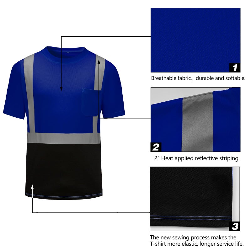 DPSAFETY High Visibility Shirts Quick Dry Safety T Shirts with Reflective Strips and Pocket Short Sleeve Mesh Hi Vis Construction Work Class 2 Shirt for Men/Women Black Bottom Blue,3XL - Image 2